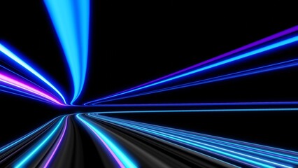 3d Neon light effect glowing trails. Colorful Light motion speed background. Motion blur long time effect. Technology 5g design concept. Laser beam sparkling on dark scene. Fast moving to futuristic.