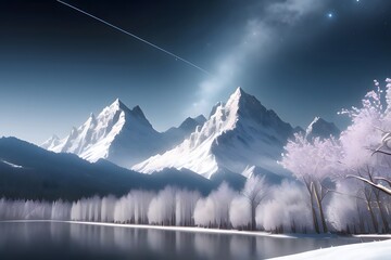 幻想的な雪山と夜空　桜並木,generative ai