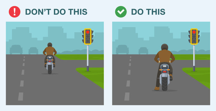 Do's and don'ts. Safe motorcycle riding rules and tips. Back view of a biker waiting on a red light. Reckless motorcyclist jumped a red traffic signal. Flat vector illustration template.