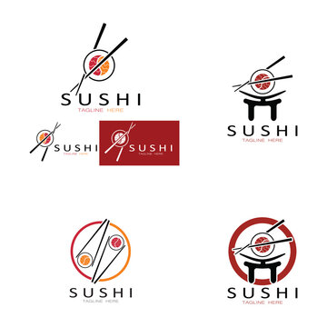 Sushi logo template.Vector Icon Style Illustration Bar or Shop, Sushi,Salmon Roll,Sushi and rolls with chopstick bar or restaurant vector logo template