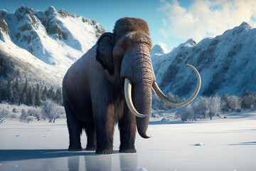 Big strong mammoth in winter. Generative AI.