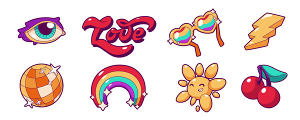 Retro groovy stickers with rainbow, sun character, disco ball, lightning and eye. Psychedelic rave icons with love symbol, cherry and heart shaped glasses, vector set in contemporary style