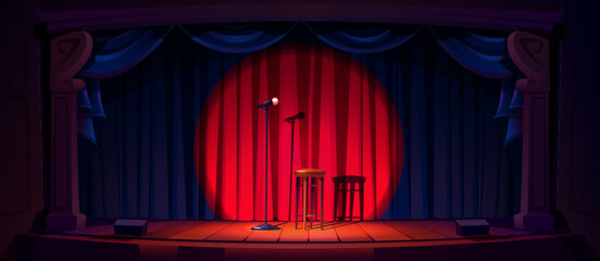 Empty stage ready for stand up show or concert. Cartoon vector illustration of scene with red curtains, microphone and wooden stool in light beam. Comedy club performance