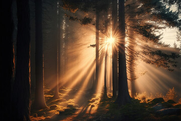 Sun rays shining through trees in forest. Generative AI.