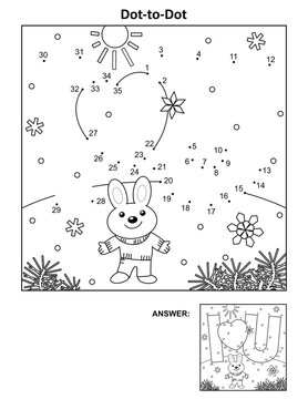 Valentine's Day dot-to-dot hidden picture puzzle and coloring page with "I Love You" message and little cute hare or bunny. Answer included.
