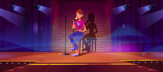 Female stand-up comedian character performing on stage. Vector cartoon illustration of young woman sitting on wooden stool, speaking in microphone, entertaining audience in night club. Comedy show