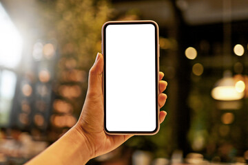 Women's hands holding cell telephone blank copy space screen. smartphone with blank white screen...