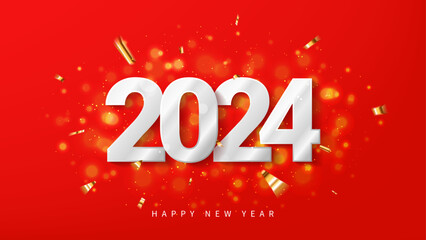 Happy New 2024 Year banner. 3d silver number 2024 isolated on red background with sparkles and golden cofetti. Vector illustration for decoration of New Year events, banners, posters and flyers.