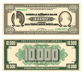 Vector new 10000 dollars banknote. Obverse and reverse of US paper money in retro style with ovals. Ribbons with inscriptions, Liberty and Chase.