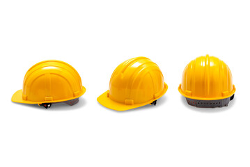 set of yellow deferential helmet construction tools for industrial safety isolated white background. hard hat worker for safe engineer labor maintenance site. protection cap for builder collection