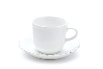 Empty white ceramic mug. Decorative flower pattern with one handle cup isolated on white background. Modern mug tea, coffee, or milk. Shiny bright color glazed vintage handmade for drinking water.