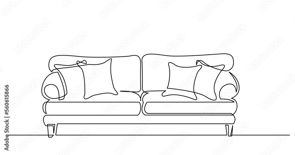 Poster continuous line drawing of big comfortable couch with cushions - png image with transparent backgrou