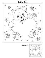 Valentine's Day dot-to-dot hidden picture puzzle and coloring page with teddy bear and heart. Answer included.
