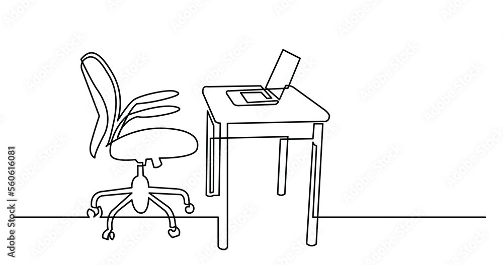 Poster continuous line drawing of office desk with computer laptop and chair - png image with transparent b
