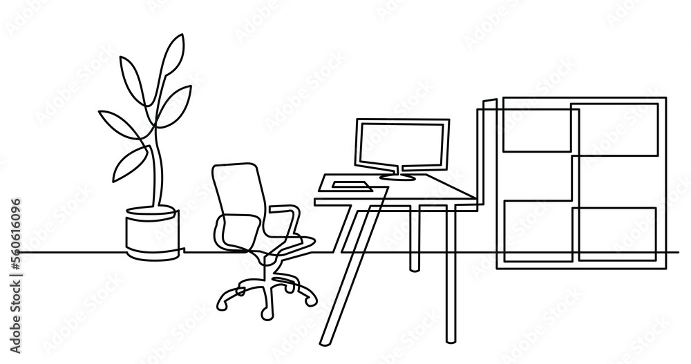 Aufkleber continuous line drawing of office room with chair desk cabinet and computer - png image with transpa