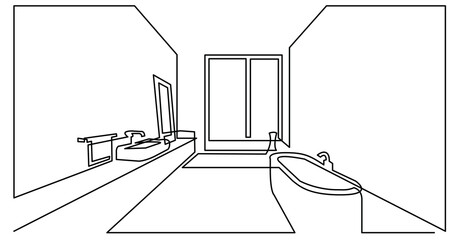 continuous line drawing of modern spacious bathroom - PNG image with transparent background