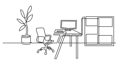 continuous line drawing of office room with chair desk cabinet and computer - PNG image with transparent background