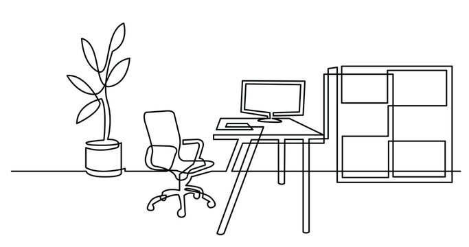 Continuous Line Drawing Of Office Room With Chair Desk Cabinet And Computer - PNG Image With Transparent Background