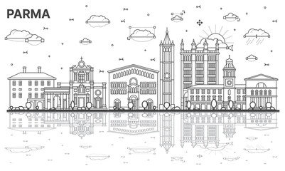 Fototapeta na wymiar Outline Parma Italy City Skyline with Historic Buildings and Reflections Isolated on White.