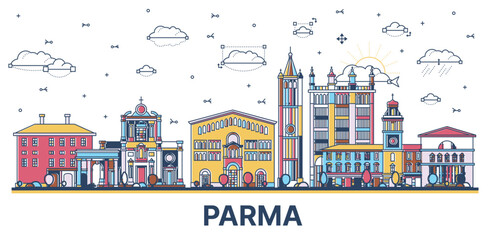 Outline Parma Italy City Skyline with Colored Historic Buildings Isolated on White. Vector Illustration. - obrazy, fototapety, plakaty