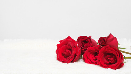 Valentine's day date 14 february. Background with red roses bouquet on white background. Greeting card template for Valentines Day. Copy space for text.