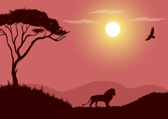 Fototapeta na wymiar African wildlife vector with pink silhouette
