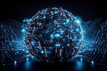 Obraz premium IoT Internet of Things Illustration Weltweiter Datenfluß Bigdata Visualisierung von Datenstreams Neuronale Netze Business Analysen Graph Generative AI Digital Art Backdrop Hintergrund Brainstorming 