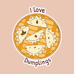 Traditional Japanese food. Asian dumplings in bamboo steamer basket stickers. Vector illistration