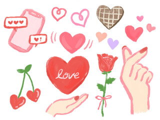 Valentine's Day decoration Finger heart and hand Heart cherry Cute hand drawn illustration set / バレンタインデーのあしらい 指ハートと手 ハートのさくらんぼ かわいい手描きイラストセット