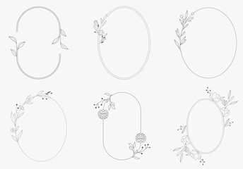 Floral and ellipse hand drawn style. Floral black and white frame of twigs, leaves and flowers. Frames for the Valentine's day, wedding decor, logo and identity template.
