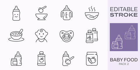 Baby food icons, such as spoon, jar, powder, porridge and more. Editable stroke.