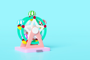 3d colorful ferris wheel isolated on blue background for amusement park, funfair, carnival, festival, 3d render illustration, clipping path