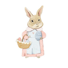 Watercolor illustration of rabbit girl with Easter eggs