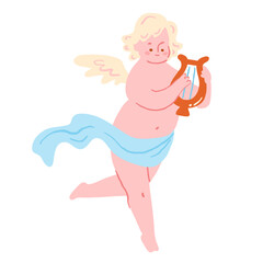 Happy cupid playing a harp in trendy retro style. Flying cherub or angel holding a musical instrument. Isolated on white background.
