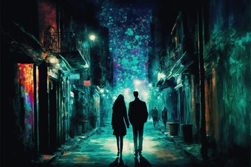 A couple walks at night in an alley