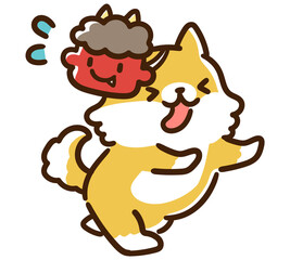 節分で鬼役になって逃げるかわいい柴犬のキャラクターの手書き風デフォルメイラスト