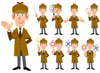 男性の探偵の全身イラスト　9種類の表情と仕草のセット1
