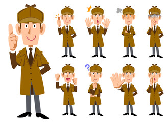 男性の探偵の全身イラスト　9種類の表情と仕草のセット2
