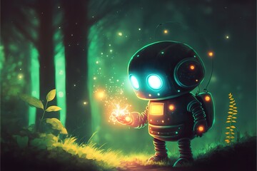 Obraz na płótnie Canvas Cute little robot playing at night in the forest