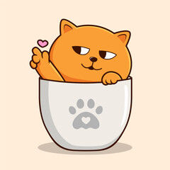 Orange Cat in Cup Loving Paws Cartoon - Orange Pussy Cat at Mug Love Hand Vector