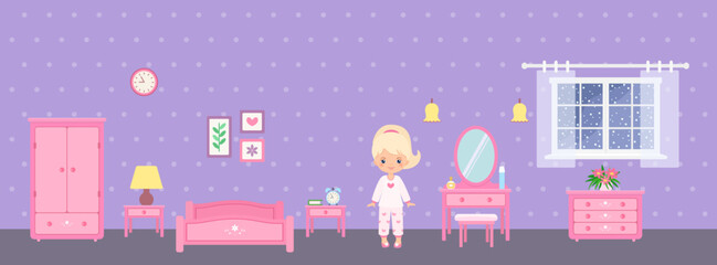 Cute chibi girl character in bedroom with pink furniture on purple background. Doll house interior concept. Cartoon flat style. Vector illustration