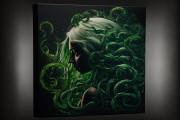 The witch's hair stands on end as she unleashes a storm of green smoke, the colour of envy and poison, malevolent energy, swirling around her, protecting her. - obrazy, fototapety, plakaty