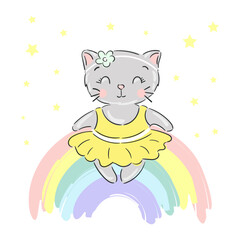 Hand drawn cat cute kitten on the rainbow. Cartoon character. Childish design print on t-shirt.