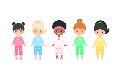 Set of cute chibi girls characters dressed in pajamas. Isolated on white background. Doll house interior concept. Cartoon flat style. Vector illustration