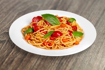 Tasty fresh noodle dish on the plate