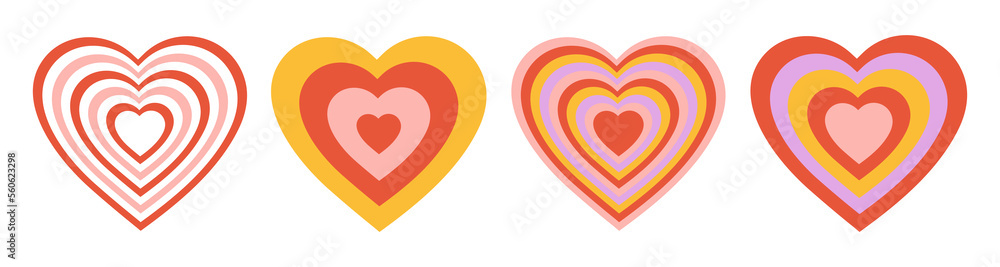 Poster vector set tunnel romantic hearts. retro colorful background in style 70s, 80s. concentric hearts is