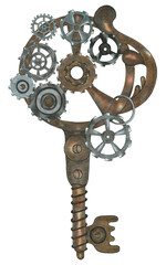 Obraz premium Hand Drawn Illustration of Colorful Steampunk Key in Gray and Brown Colors on White Background. Steampunk Key Design Element Drawn by Color Pencils.