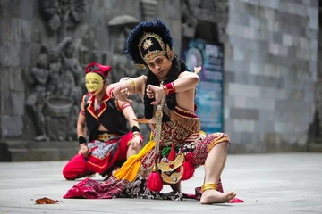 Keuken foto achterwand Carnaval Javanese traditional mask dancers practicing in Yogyakarta, 15 July 2022