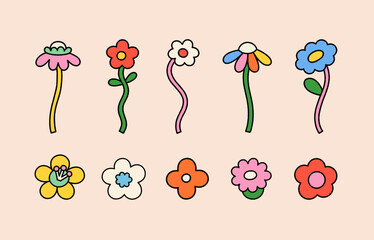 Vector set of flower retro groovy illustration. Hippie style floral element © cocomomo