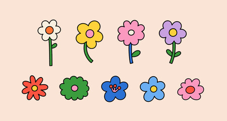 Vector set of flower retro groovy illustration. Hippie style floral element - obrazy, fototapety, plakaty